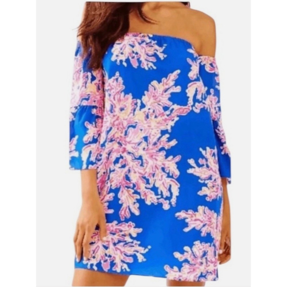 Lilly Pulitzer Sanilla off the shoulder Silk Mini Dress size M EUC Tropical Reso